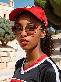 African woman with curly hairin a black volleyball uniform on the Mount of Olives