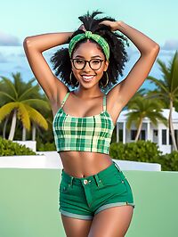 Black woman with enchanting features enjoys the early morning at Emara Estate in Turks and Caicos